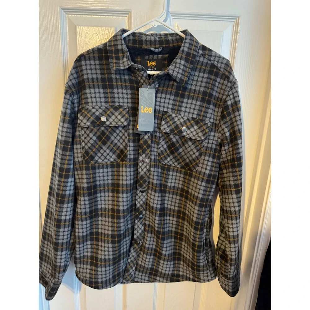 NWT Lee Sherpa Lined Fleece Flannel Shirt Jacket‎ Plaid Ebony Heather Medium